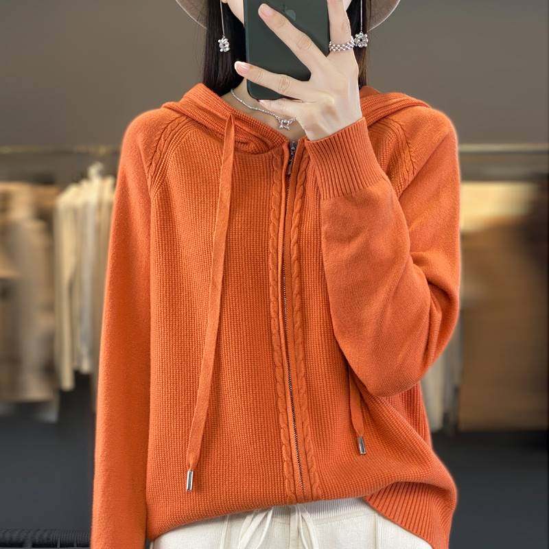 连帽卫衣女2023秋季新款时尚欧货针织帽衫宽松双拉链开衫毛衣外套