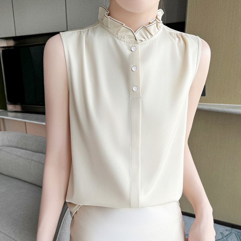 中式醋酸缎面无袖衬衫女内搭衬衣背心打底开衫风木耳领真丝上衣