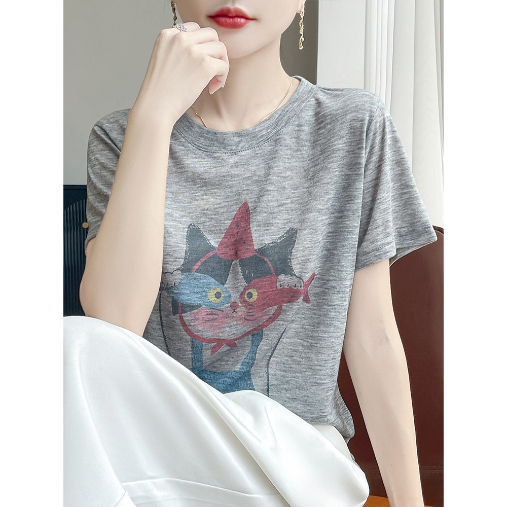 2025年夏季常规短袖宽松型油画猫圆领印花短袖