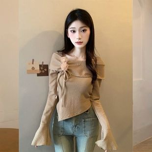 针织打底衫 一字肩喇叭袖 女秋冬不规则内搭毛衣高级感小上衣