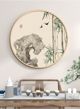 点睛配画玄关新中式圆形石竹挂画