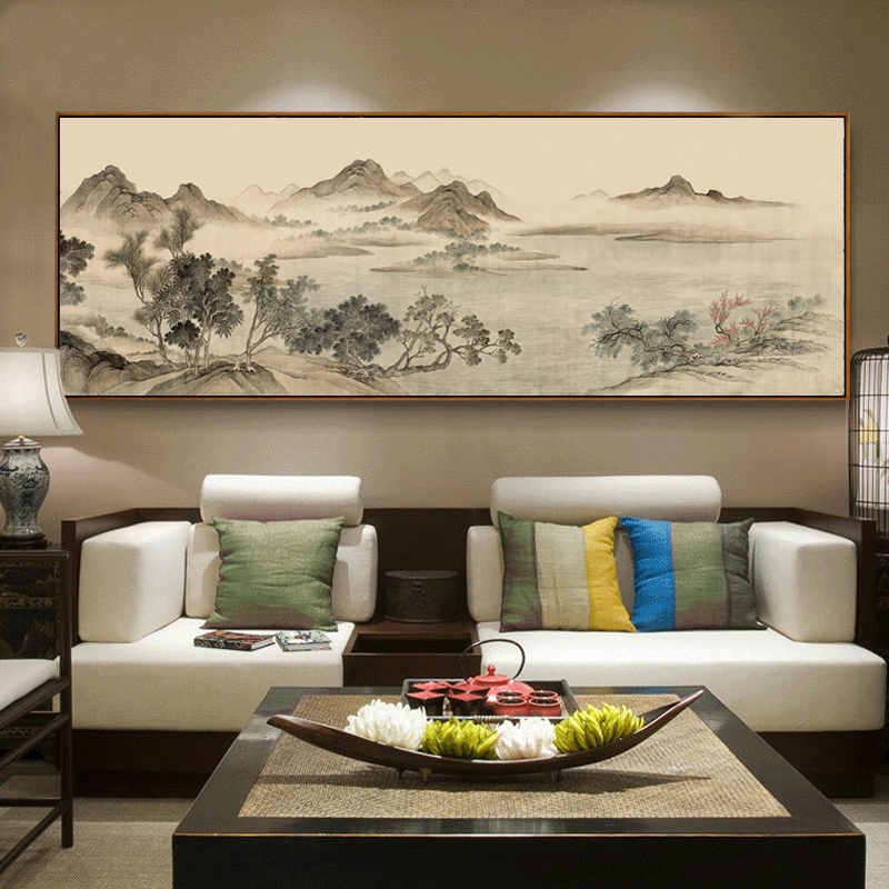 新中式沙发背景墙装饰画客厅风水靠山国画山水水墨挂画大尺寸壁画图片