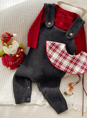 婴儿复古风撞色针织套装a类背带裤红春秋纯棉围嘴保暖连体衣爬服