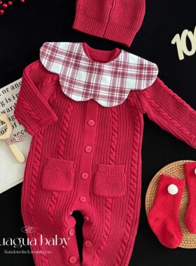 呱呱baby婴儿针织毛衣新年男女宝宝连体衣秋冬纯棉毛线衣洋气爬服