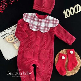 呱呱baby婴儿针织毛衣新年男女宝宝连体衣秋冬纯棉毛线衣洋气爬服