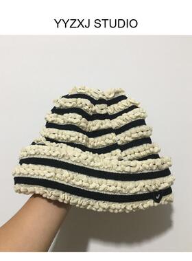 韩系博主同款黑白条纹肌理感毛线帽子女大头围护耳堆堆帽包头帽潮