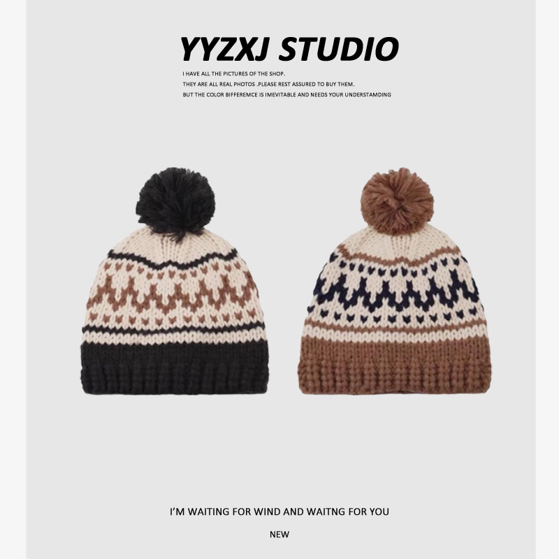2025新款提花毛线帽子男女秋冬加绒保暖护耳冷帽毛球针织帽大头