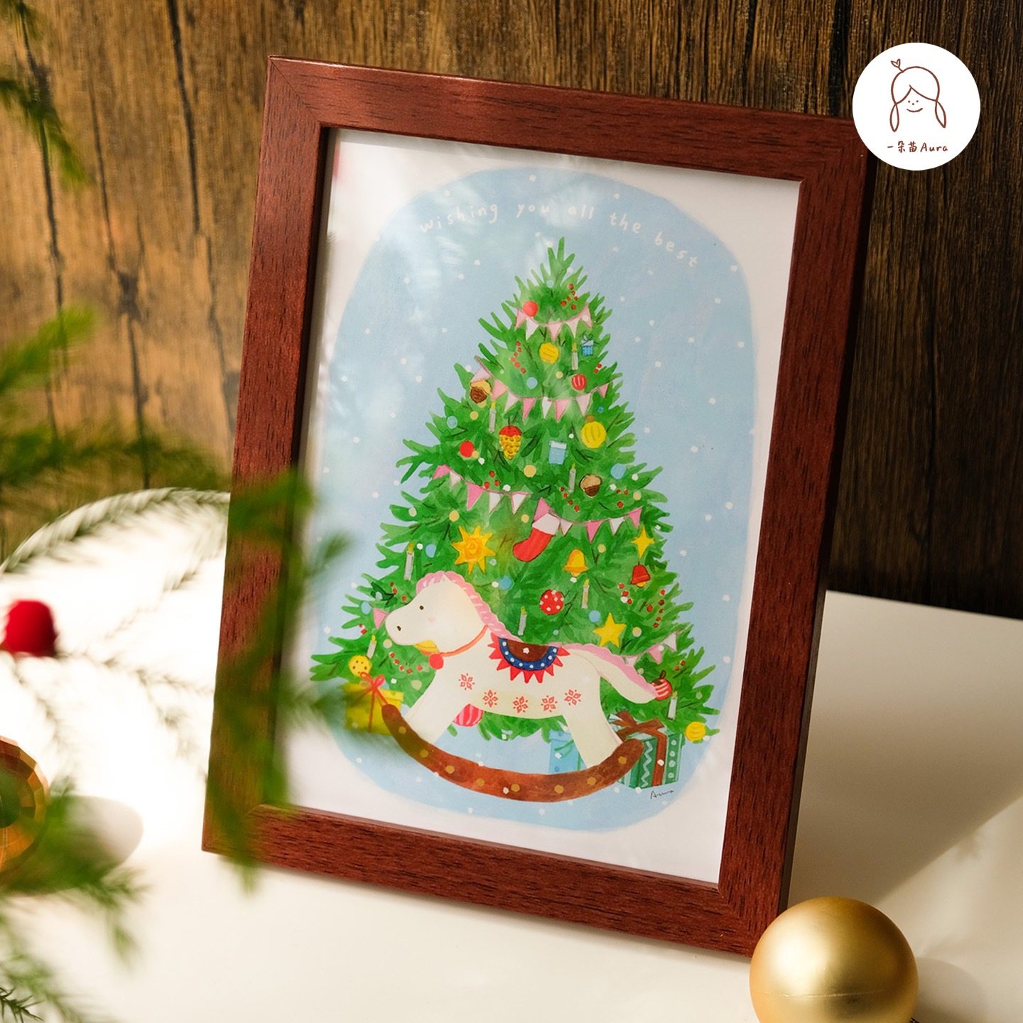 圣诞节桌面摆台画木框插画 一朵苗原创圣诞花环圣诞树手绘装饰画,节庆用品/礼品,圣诞装饰品,淘宝优惠券,粉丝福利购,淘宝优惠卷