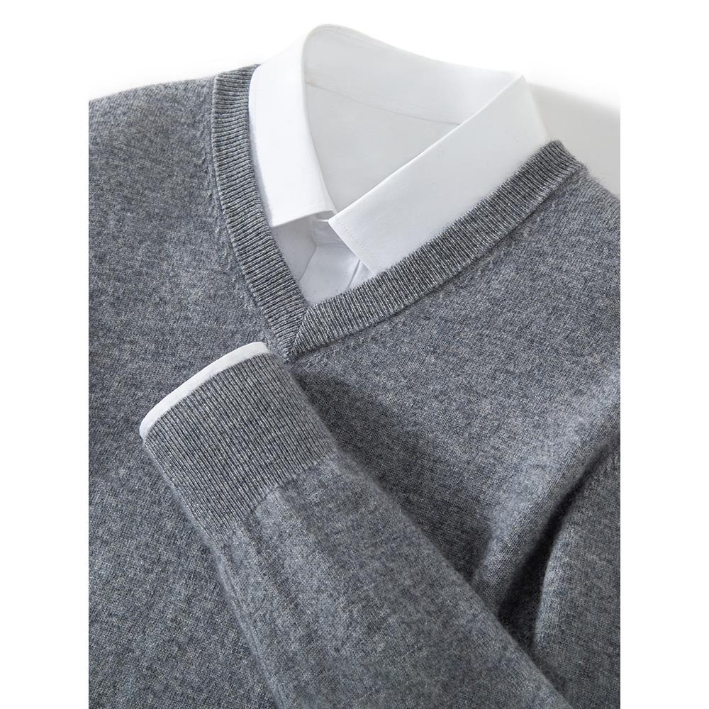 秋冬新款山羊绒衫男V领薄款商务休闲鸡心领羊毛针织套头毛衣大码