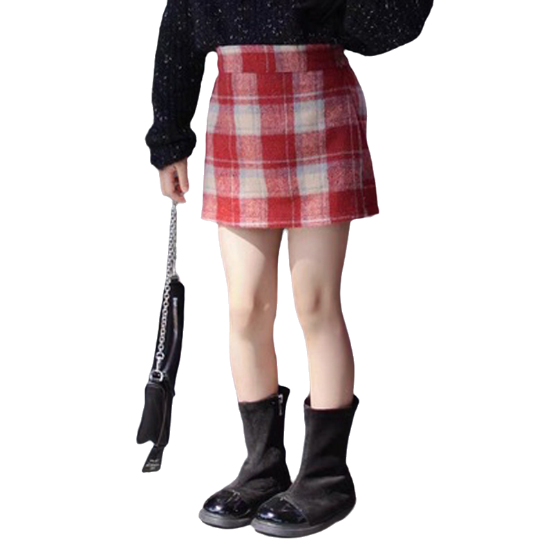 红色毛呢格子包臀裙韩版女孩短裙