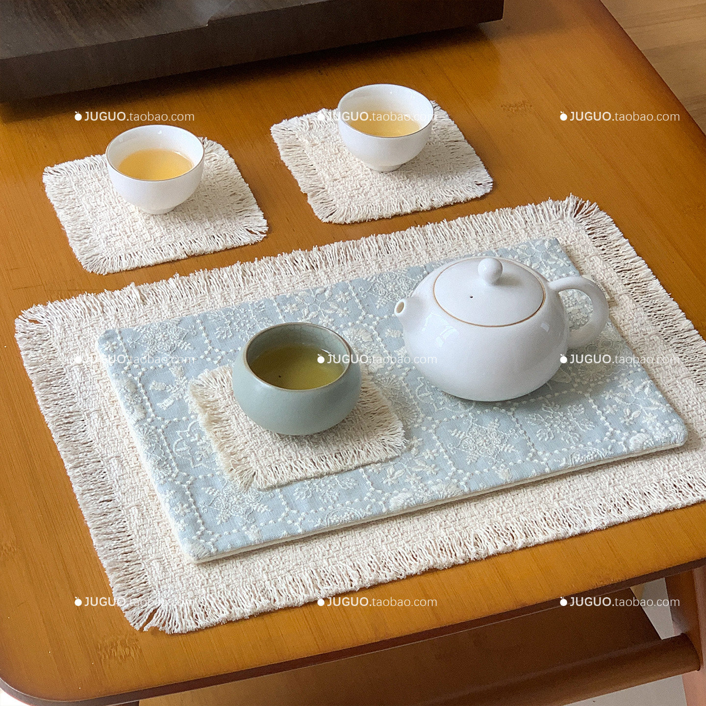 ins风手作刺绣浅蓝茶席轻奢高级感餐垫茶杯垫桌面装饰垫拍摄道具