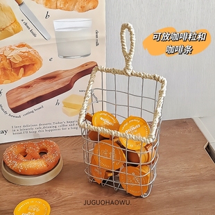 ins风手提铁艺收纳筐水果篮子编织筐长方形储物筐杂物桌面收纳篮