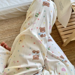 侘町奶呼呼小熊2025新款长袖纯棉睡衣女士休闲条纹家居服套装夏款