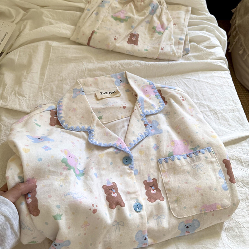 侘町2025年新款动物生日派对长袖纯棉磨毛睡衣女春秋季卡通家居服