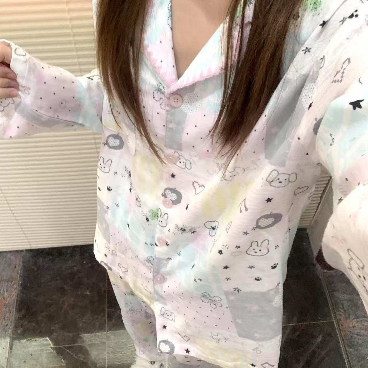 侘町2025新款纯棉卡通涂鸦y2k手绘星星翻领睡衣家居服可外穿套装