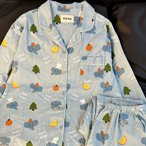 侘町2024年新款GOOD蓝色大象纯棉长袖睡衣女卡通春秋季家居服秋款