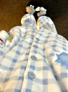 侘町2025年新款蓝色圣诞格子法兰绒睡衣女秋冬加绒加厚家居服冬季