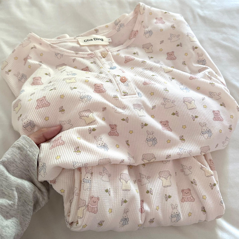 侘町2026年新款春秋季华夫格小象乐园宽松睡衣套头女款休闲家居服