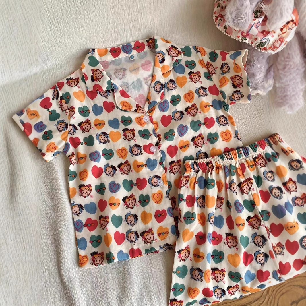 侘町2025新款原田治儿童纯棉双层棉纱家居服外穿夏季印花短袖短裤