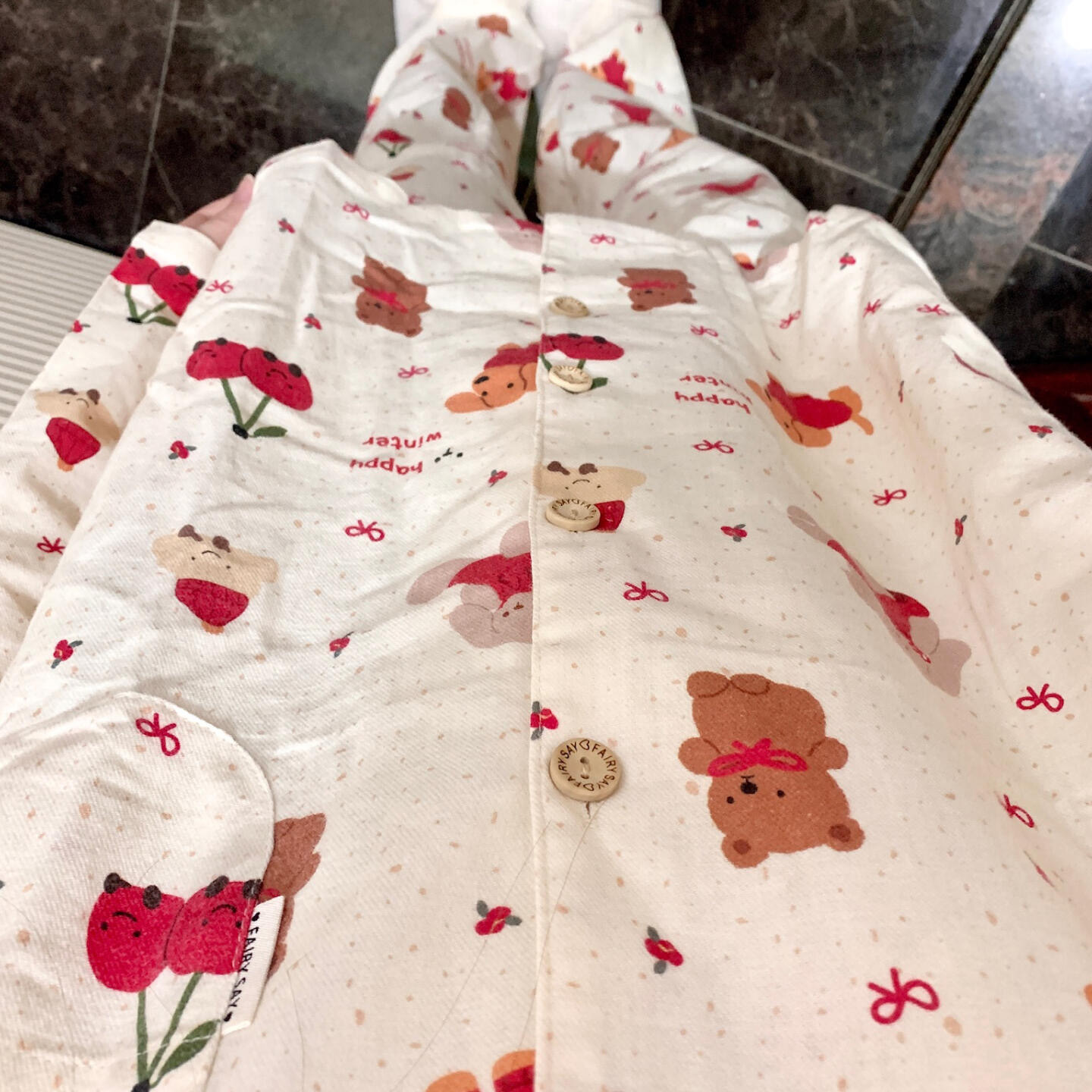 侘町2025家居服新款樱桃小狗秋冬睡衣女款纯棉开衫翻领套装可外穿