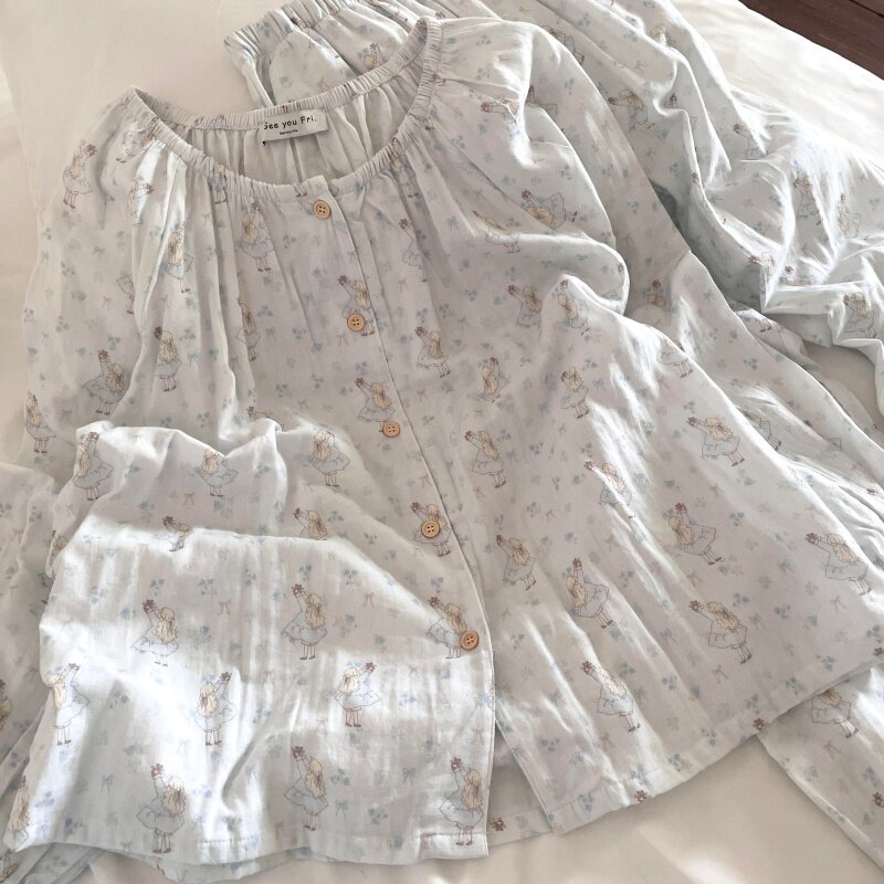 侘町睡衣女2025新款秋冬纯棉圆领长袖碎花小熊可爱套装休闲家居服