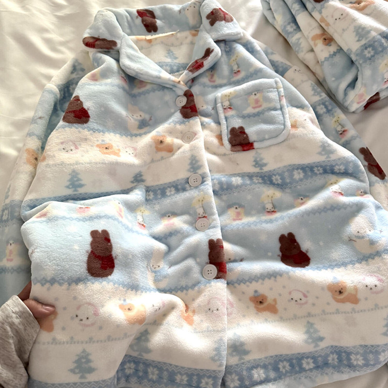 侘町2025年冬季新款法兰绒baby蓝费尔岛米菲睡衣女长袖保暖家居服