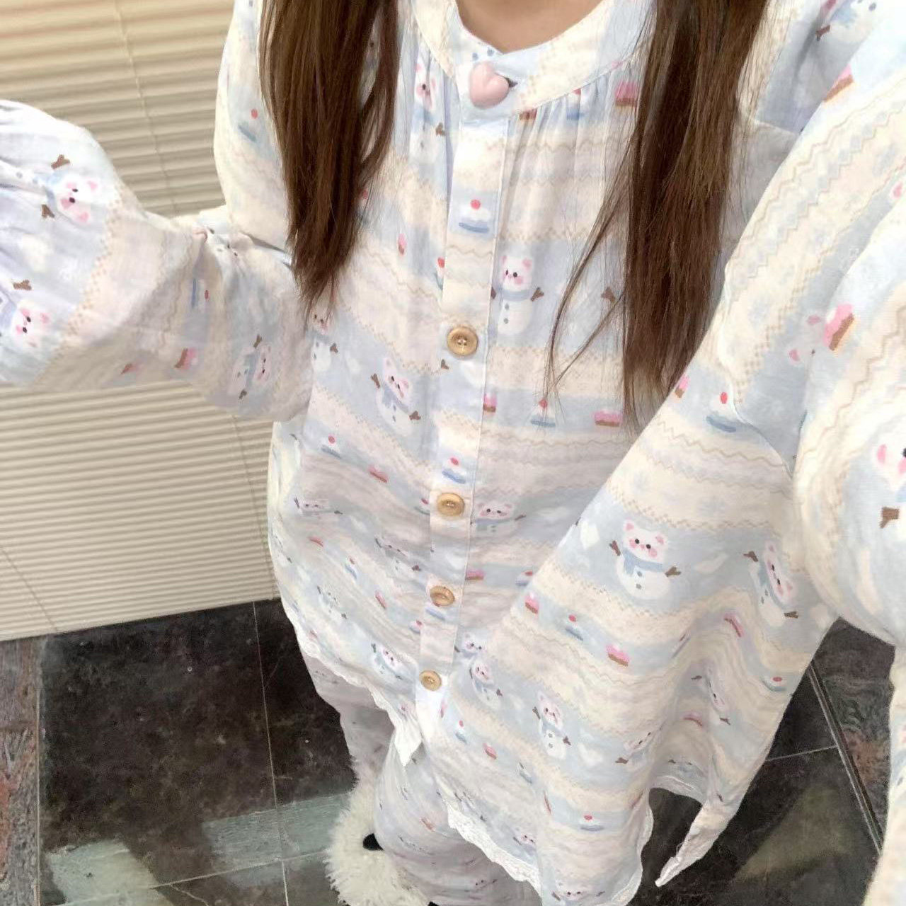 侘町2025春秋季新款小雪人纯棉卡通睡衣可外穿少女甜美家居服套装