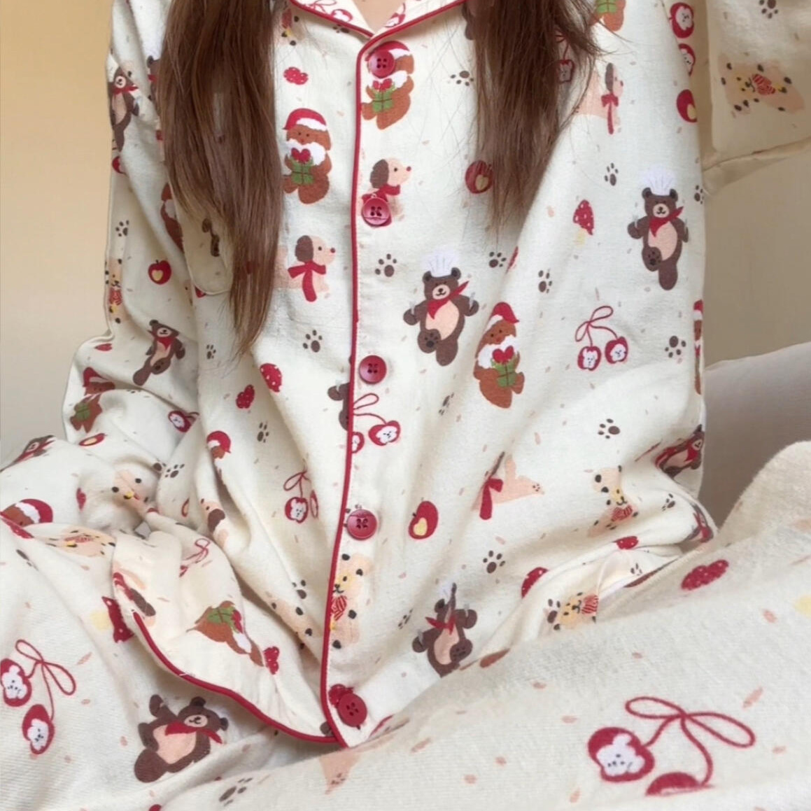 侘町2025睡衣新款圣诞厨师小熊纯棉春秋长袖居家女卡通家居服套装