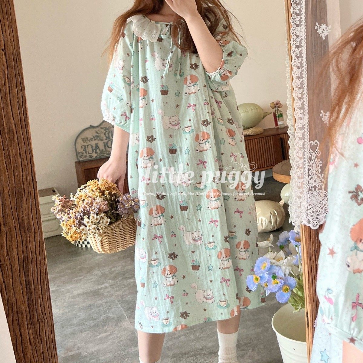 侘町2025新款夏季薄荷曼波小清新睡裙双层纱纯棉短袖蕾丝边家居裙,女士内衣/男士内衣/家居服,睡衣/家居服套装,淘宝优惠券,粉丝福利购,淘宝优惠卷