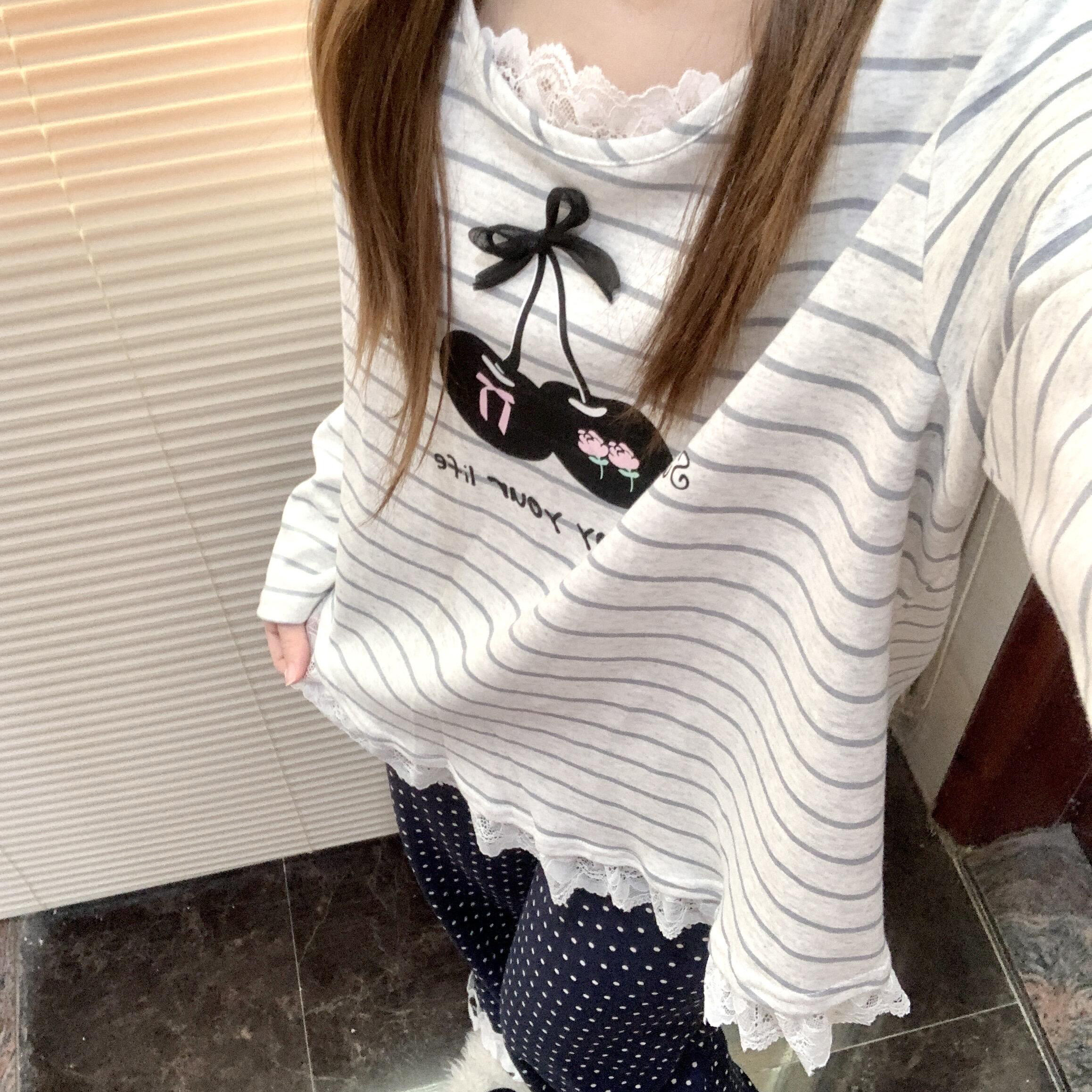 侘町2025年家居服新款秋季条纹小樱桃卡通长袖少女套装可外穿睡衣