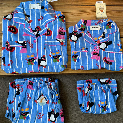 侘町2025年新款蓝色音乐pingu短袖亲子装睡衣纯棉棉纱家居服套装