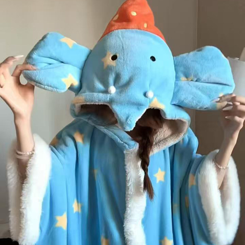 侘町2025年秋冬季新款笨笨大象法兰绒斗篷睡袍女卡通可外穿家居服