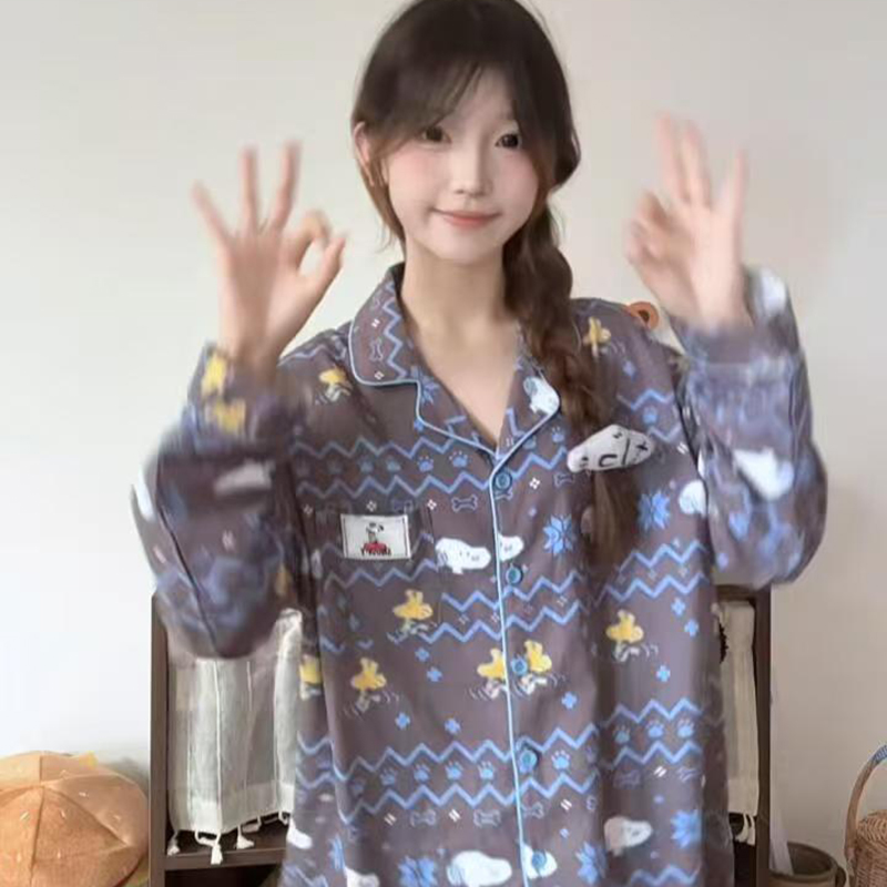 侘町2025新款费尔岛史努比长袖春秋季纯棉睡衣套装女可外穿家居服