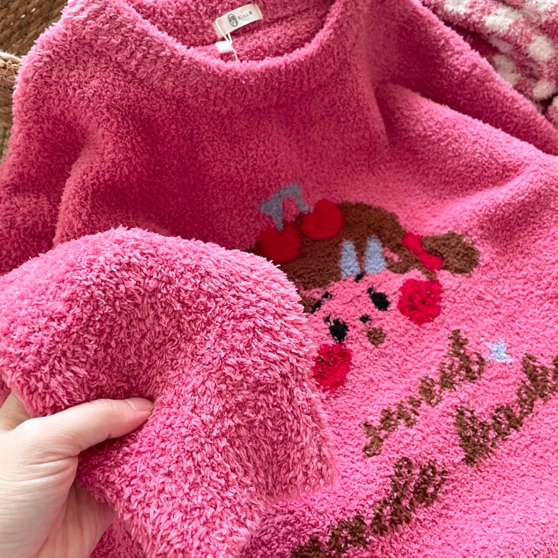 侘町樱桃玫粉格子2025冬季新款半边绒长袖睡衣女款保暖套装家居服