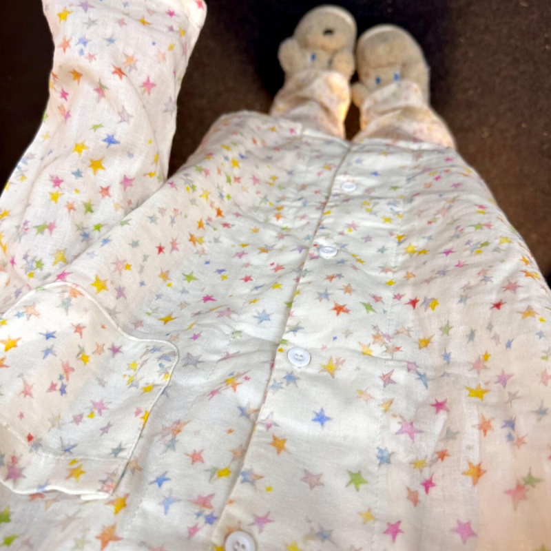 侘町七彩小星星2025新款秋冬纯棉双层纱女睡衣套装翻领长袖家居服