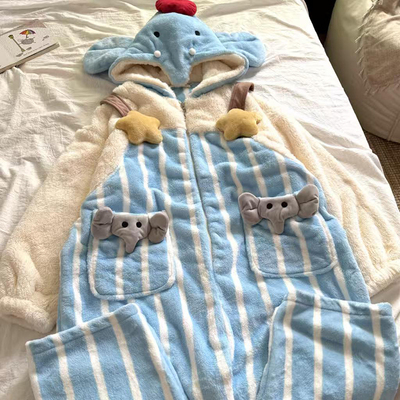 侘町2025新款笨笨大象法兰绒秋冬季连体背带睡衣女加绒加厚家居服