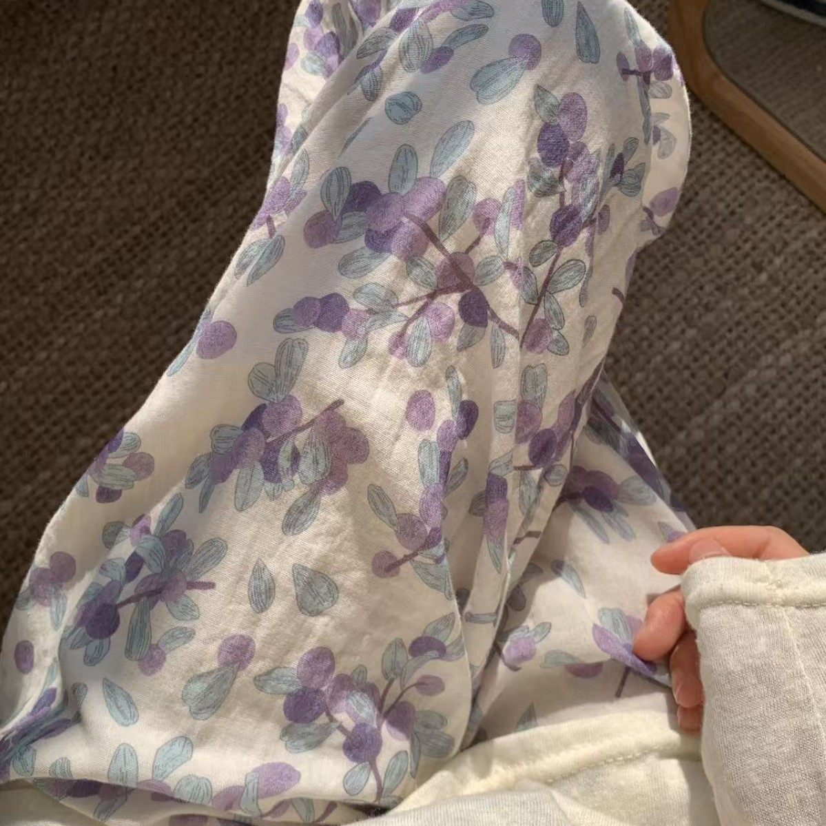 侘町2025新款带枝蓝莓果全棉双层纱布长裤宽松舒适可外穿居家遛弯