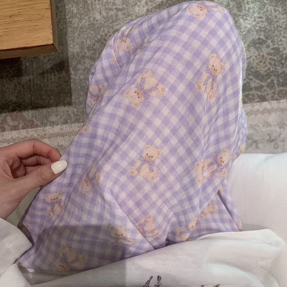 侘町2025新款紫色格子小熊可爱卡通全棉双层纱布睡裤可外穿遛弯裤