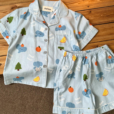 侘町2025年新款GOOD大象儿童夏季纯棉睡衣男女童中大童家居服套装