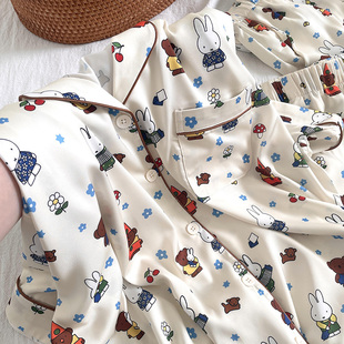 夏天季 侘町2025年新款 睡衣卡通家居服套装 长裤 花花米菲兔冰丝短袖