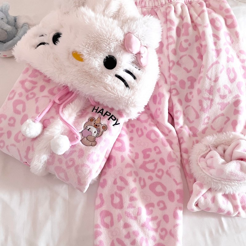 侘町粉色豹纹小熊冬季2025新款睡衣女秋冬法兰绒保暖加厚家居服