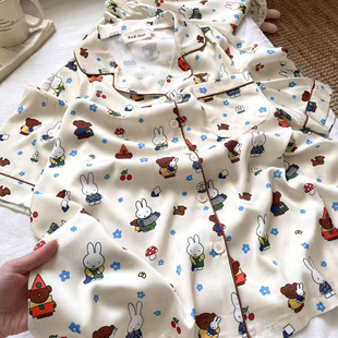 侘町2025年夏季卡通新款花花米菲兔冰丝短袖短裤睡衣女家居服套装