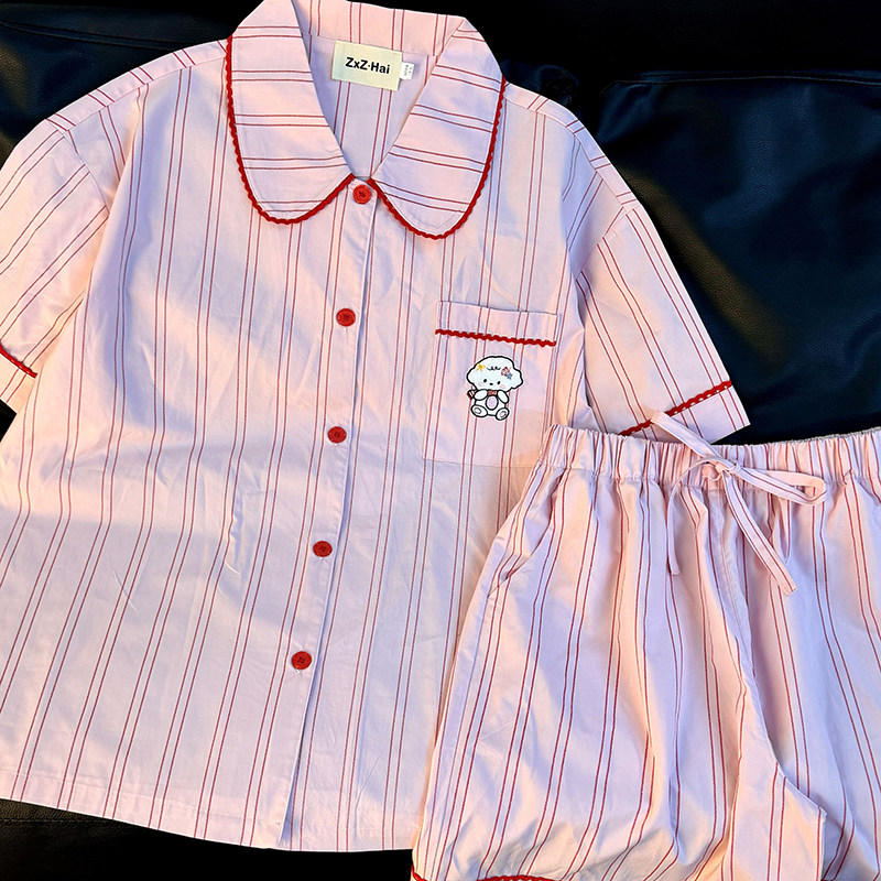 侘町2025年新款粉条纹咩咩羊短袖睡衣女卡通夏天家居服套装夏季