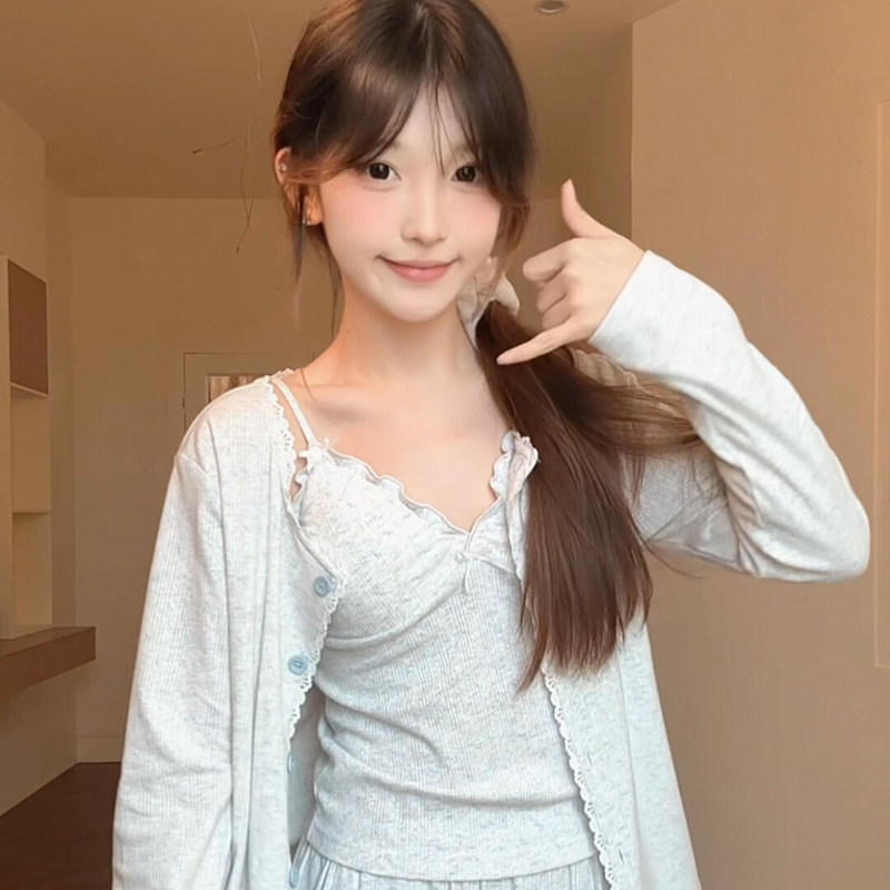 侘町2025新款三件套睡衣女秋冬含胸垫浅色蓝碎花可外穿休闲家居服