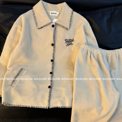 侘町2024新款字母刺绣果粒绒睡衣女秋冬款保暖加绒加厚家居服套装