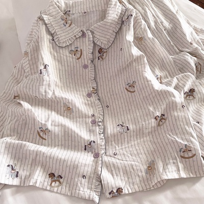 侘町木马人2025家居服新款春秋睡衣套装女款纯棉双层纱花边可外穿