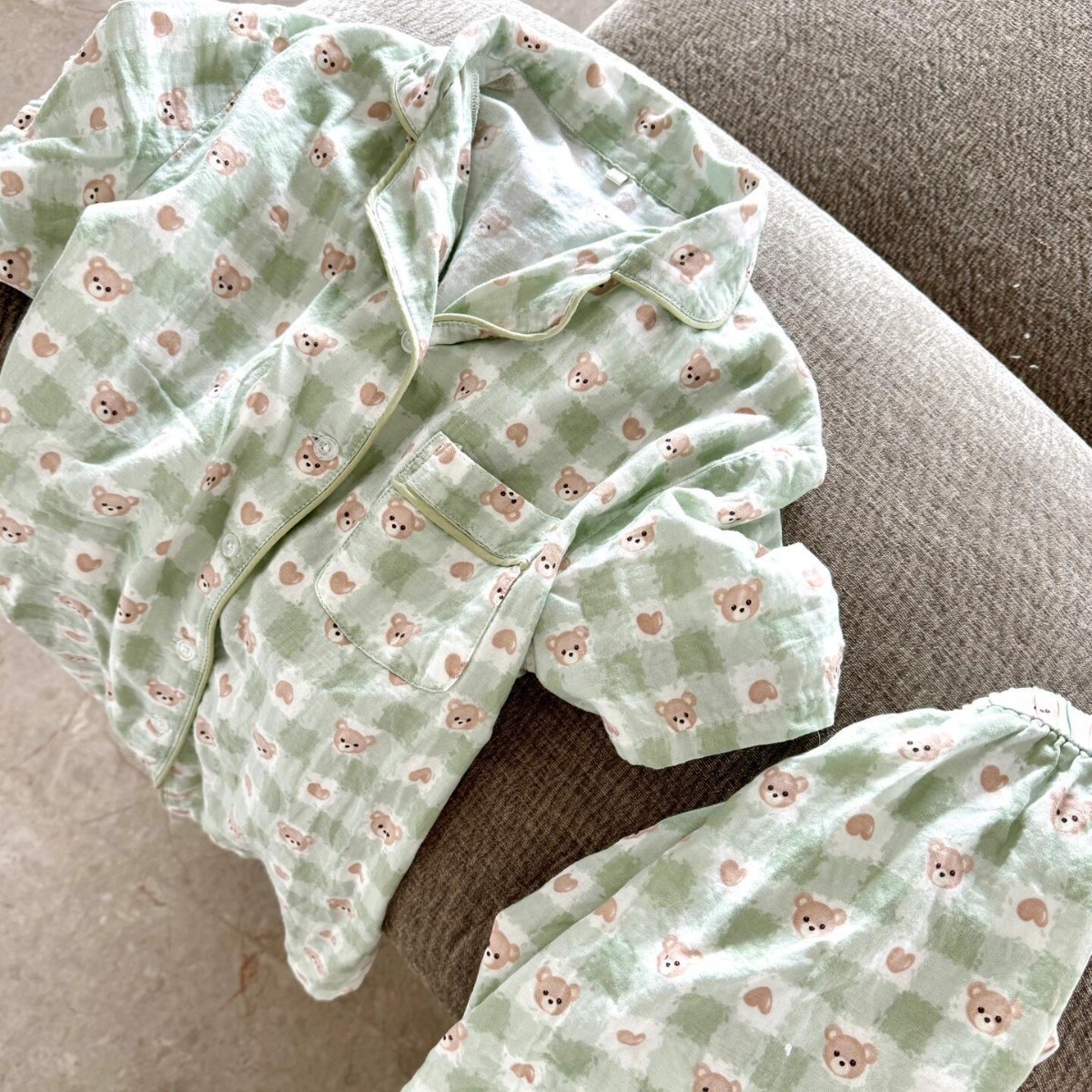 新品！夏季纯棉双层纱布包边翻领短袖短裤睡衣家居服套装可外穿