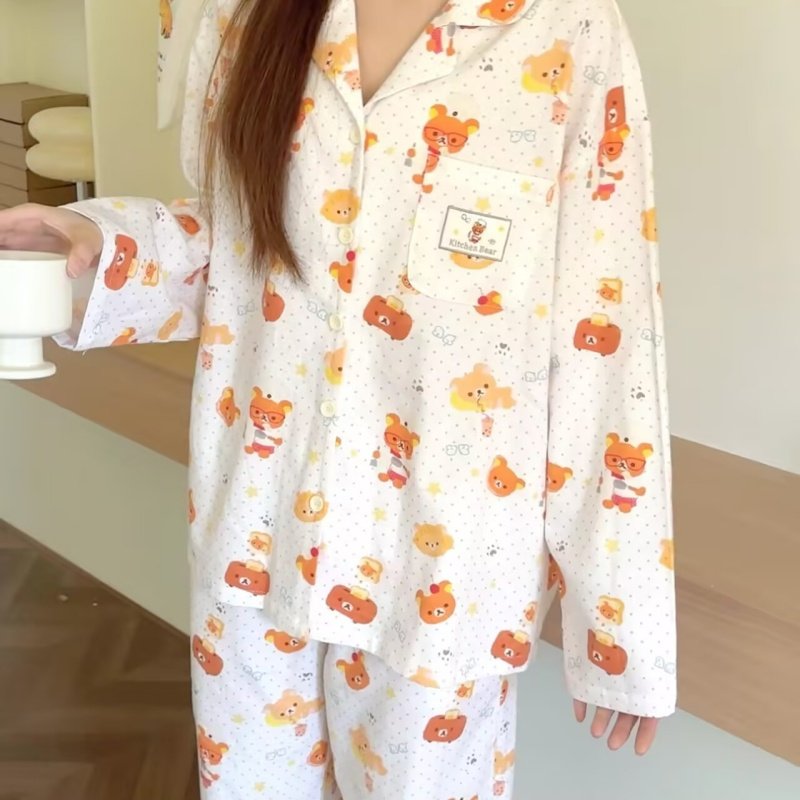 侘町睡衣女2025新款纯棉休闲波点轻松熊卡通可外穿秋冬开衫家居服