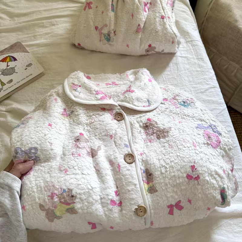 侘町2025新款粉色兔兔小狗睡衣套装女秋冬羊羔绒保暖可外穿家居服