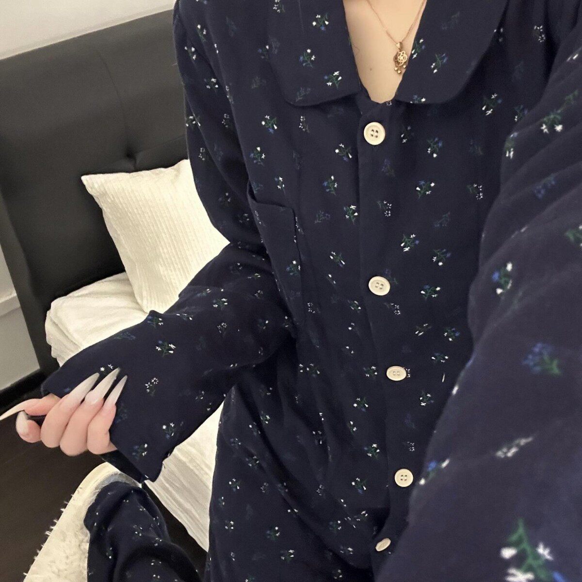 侘町2025新款深蓝碎花全棉双纱家居服翻领长袖长裤睡衣套装可外穿